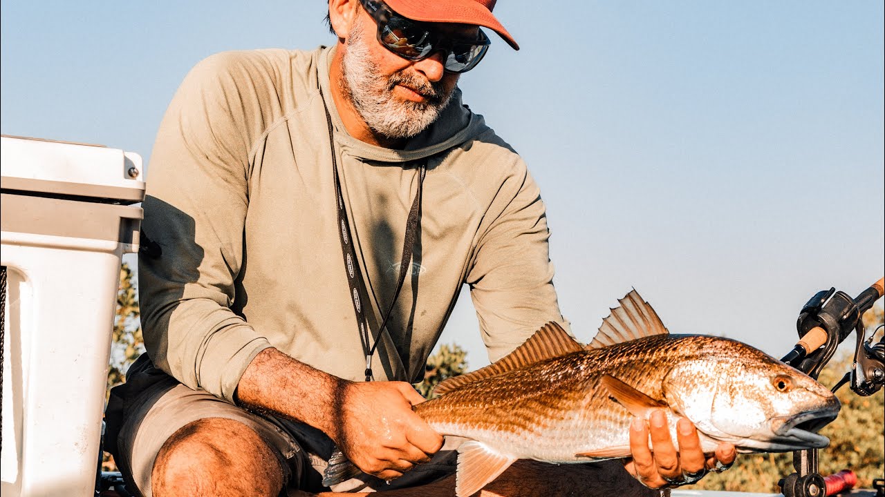 A golden-hour redfish caught from a SUP Customs rig